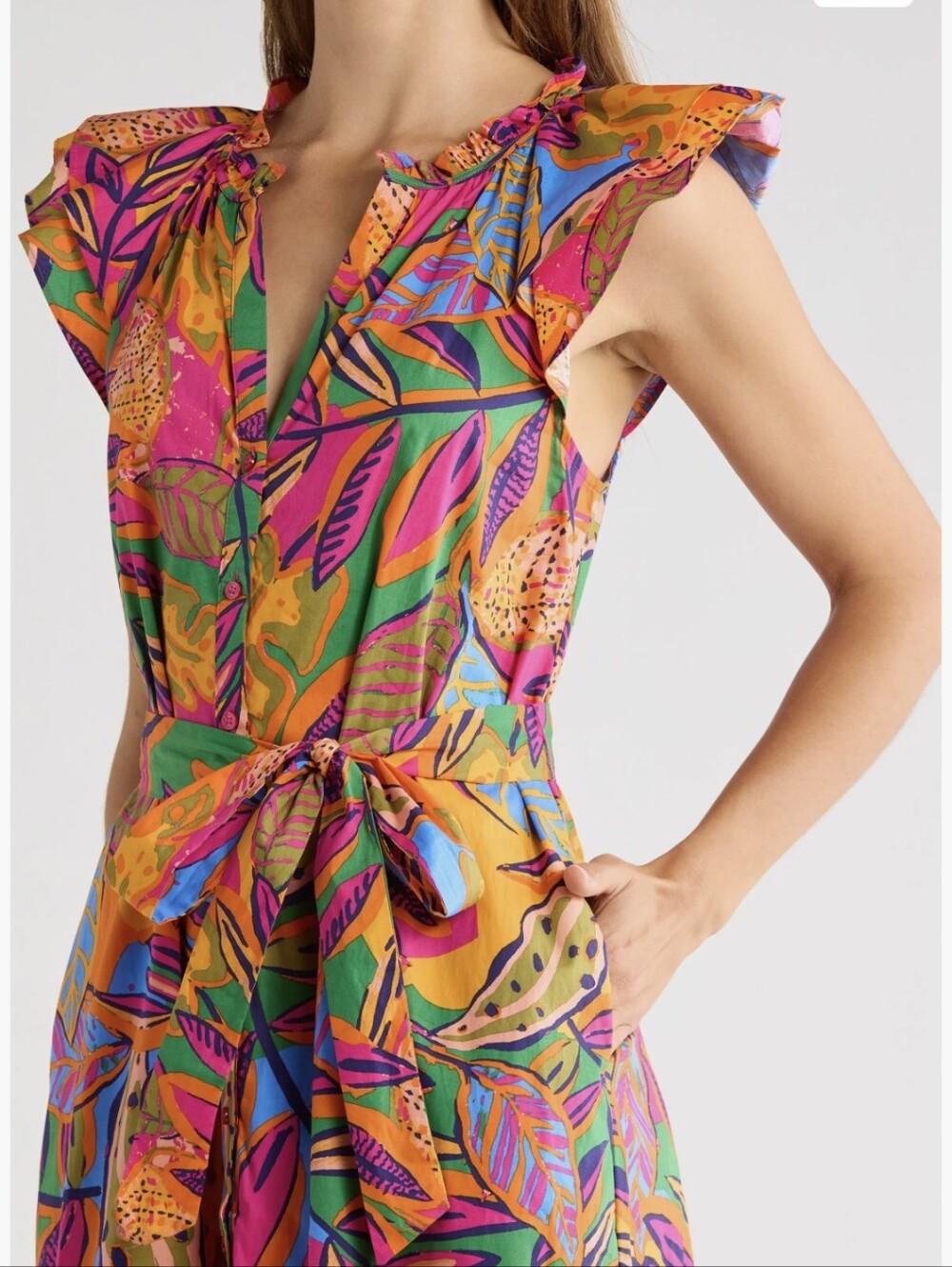 Sugarlips Milana Full-Button Tropical Print Tiered Cotton Midi Dress - Size L - Picture 3 of 15